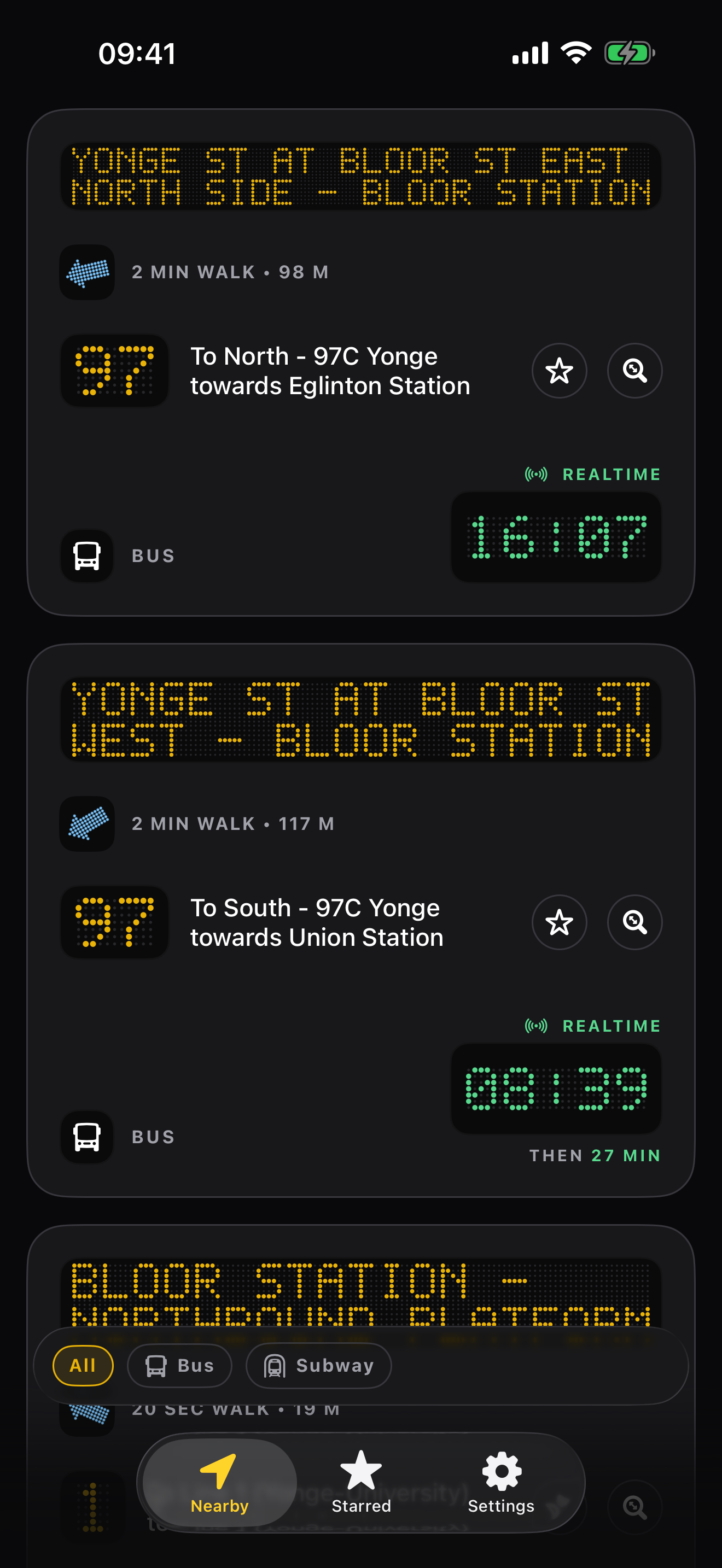 StopScout app showing live bus arrivals